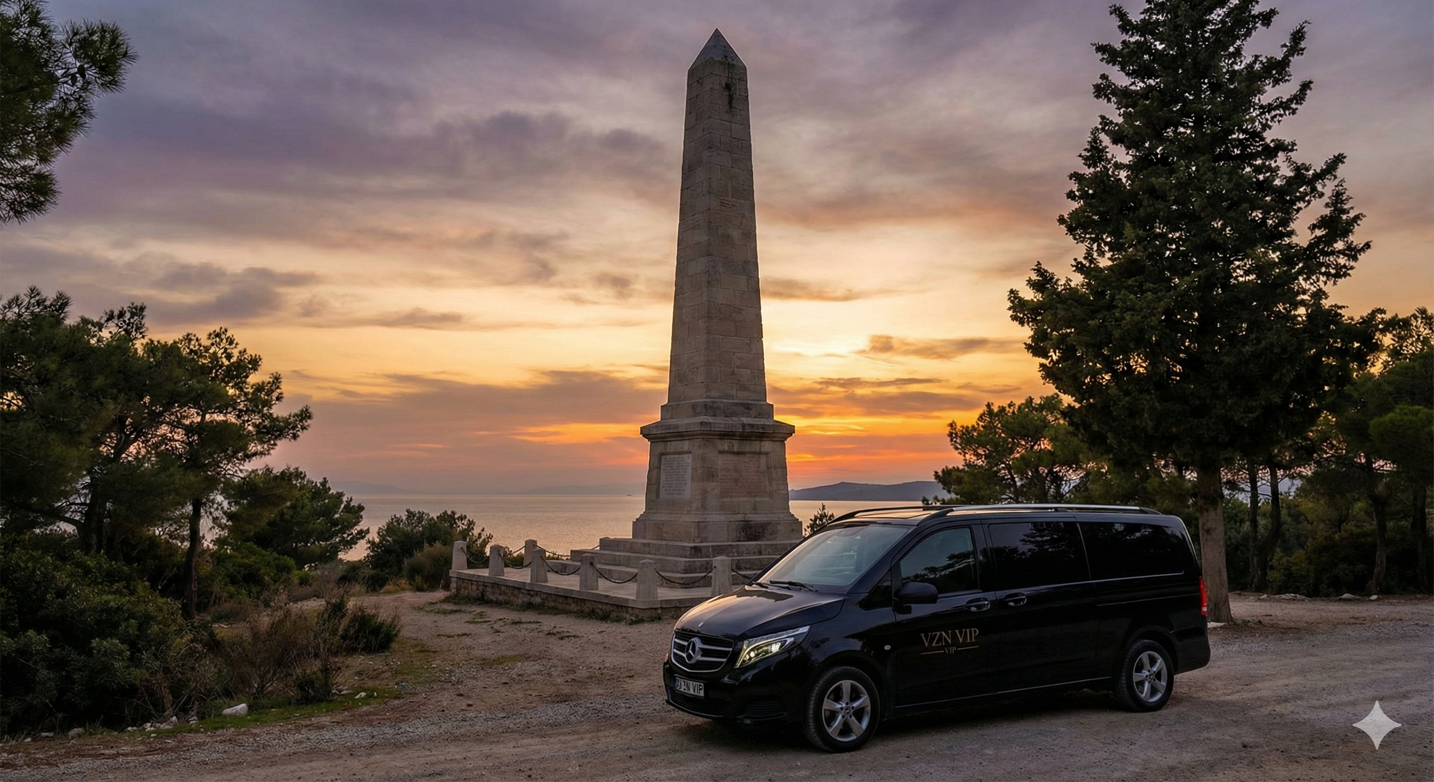 Private VIP transfer vehicle parked near the Gallipoli Battlefield memorials for an ANZAC history tour.