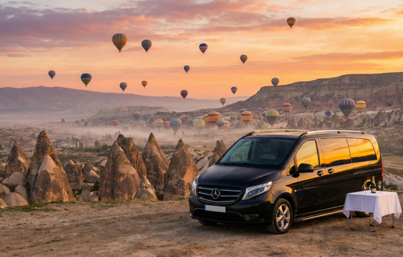 Luxury VIP transfer vehicle in Cappadocia with hot air balloons in the background, serving high-end tourists.