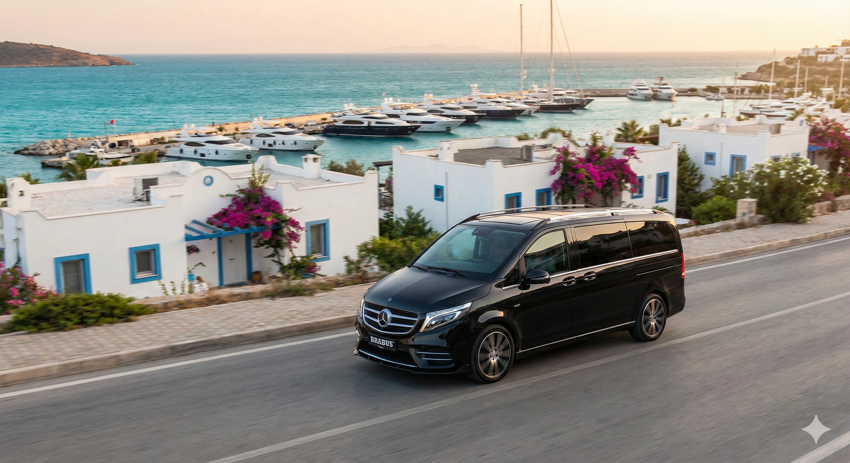 VIP transfer vehicle Mercedes Vito driving near Yalikavak Marina in Bodrum for luxury airport transfers.