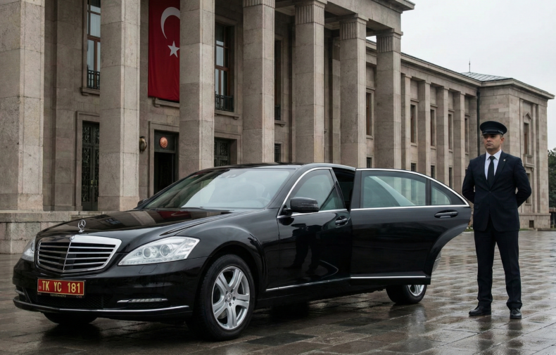 Diplomatic chauffeur service in Ankara with a black Mercedes S-Class for embassy and official delegation transfers.