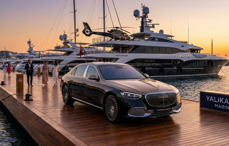 Luxus-Chauffeurservice in Bodrum: VIP-Transfer an der Yalikavak Marina für Yachtgäste.