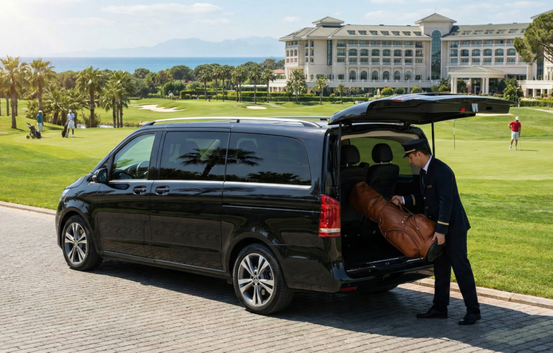 VIP-Golf-Transfer in Belek: Chauffeur verlädt Golfbag in einen Mercedes Vito am Flughafen Antalya.