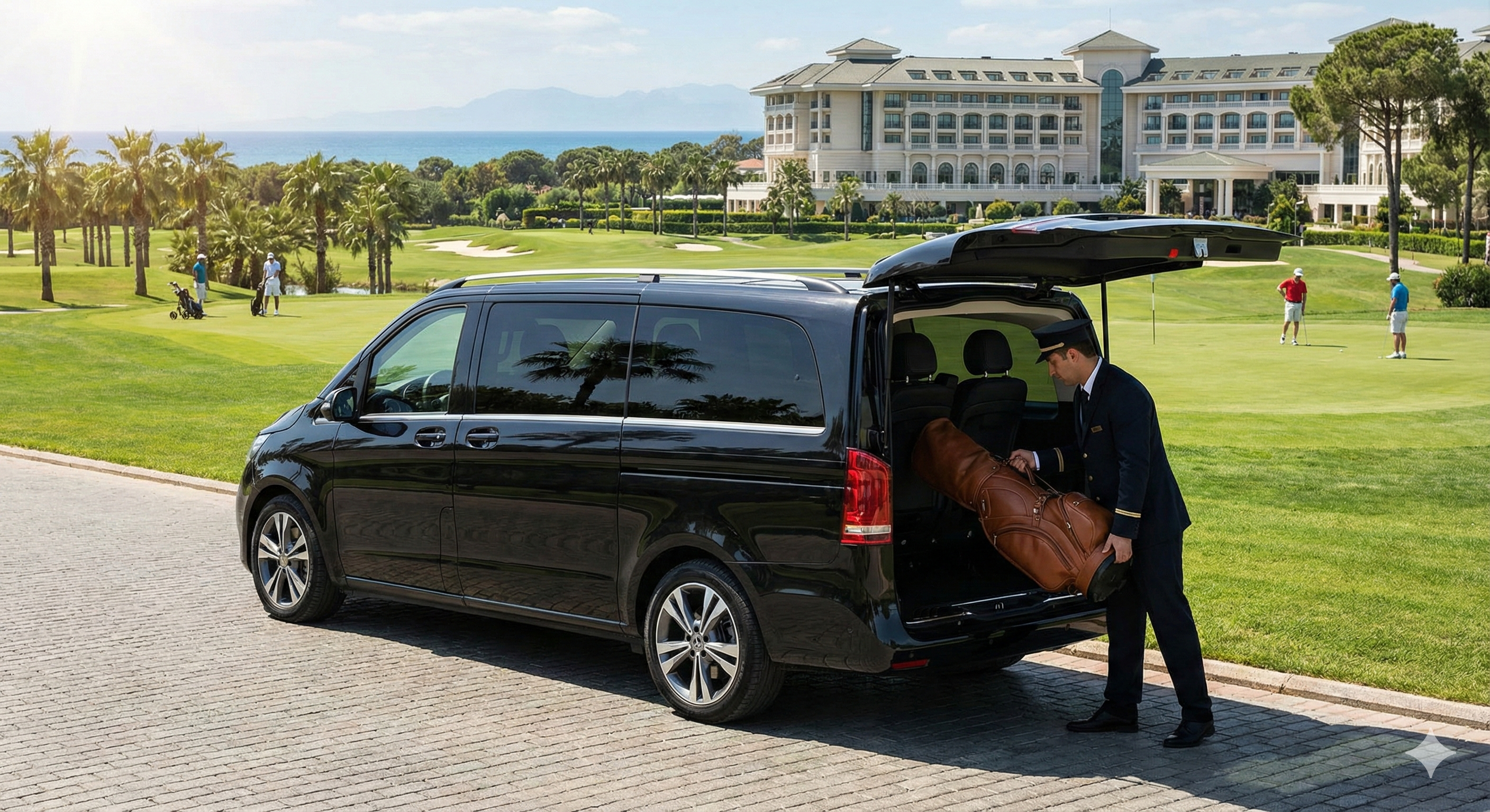 VIP-Golf-Transfer in Belek: Chauffeur verlädt Golfbag in einen Mercedes Vito am Flughafen Antalya.
