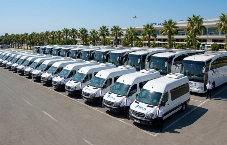 VZN Group Transferflotte am Flughafen Antalya: Busse und VIP-Vans für Reiseveranstalter.